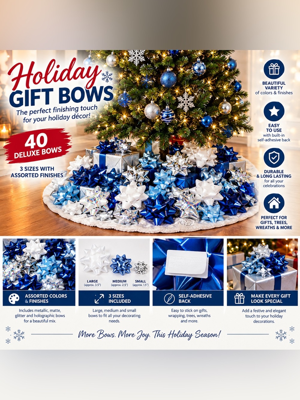 Holiday Gift Bows Ornament 40 Pack Assorted Colors, 3 Sizes, Self-Adhesive